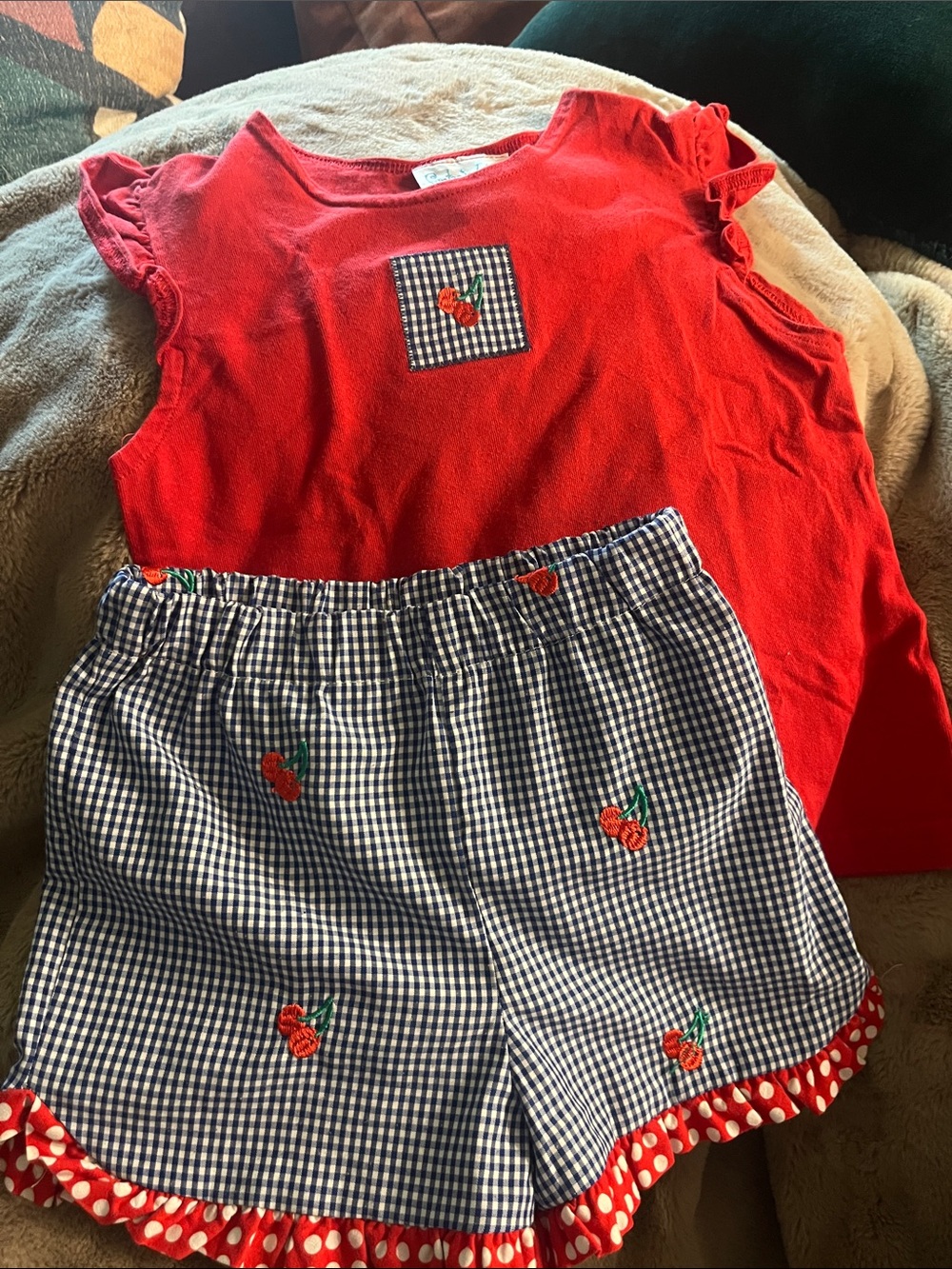 Funtasia! Too… Red Girls' Ruffle Sleeve Tank Top with Gingham Cherry Patch